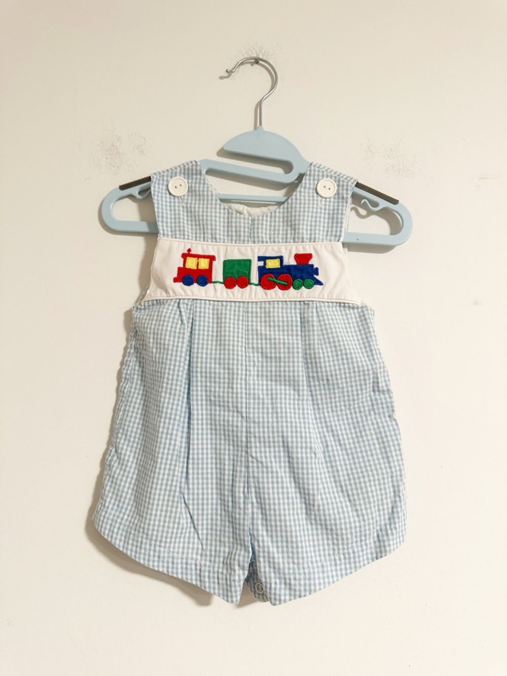 Vintage Nursery Rhyme Blue Gingham Train Embroidered Romper - Size 3/6M - Picture 1 of 7